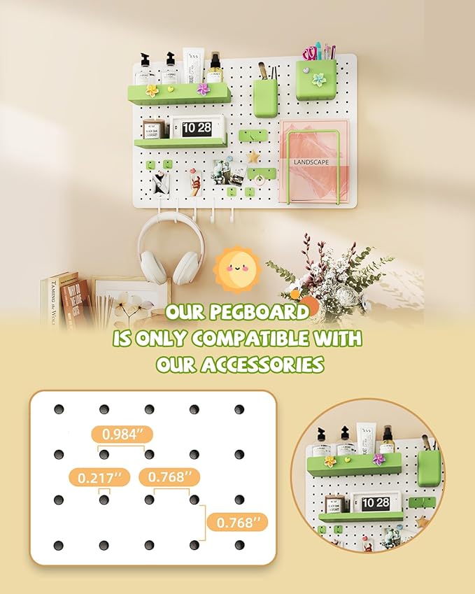 Metal Pegboard Kit — Carbon Steel Pegboards with 26 Accessories, Pegboard Wall Organizer for Home, Office, Study Room, Kitchen, Craft Room & Gaming Setup— 24″ × 16″ White Peg Board