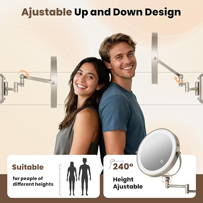 Rocollos 9-Inch Large Makeup Mirror with 30X Magnification, Rechargeable Wall Mounted Vanity Mirror with Lights, 3 Color Dimmable LED, Touch Screen & Retractable Arm-Black (9INCH-Nickel)