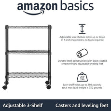 Amazon Basics 3-Shelf Adjustable, Heavy Duty Storage Shelving Unit on 2'' PP Plastic Wheel Casters, Metal Organizer Wire Rack, 23.2