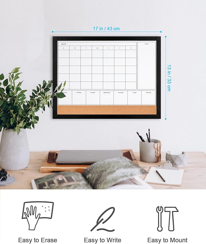 4-in-1 Dry Erase Calendar for Wall with Black Wooden Frame, 17x13 inches Magnetic Monthly & Weekly Planner Whiteboard, Cork Board Combo, Hanging White Board for Decor/Memo(4H1-BK Wood,4333)