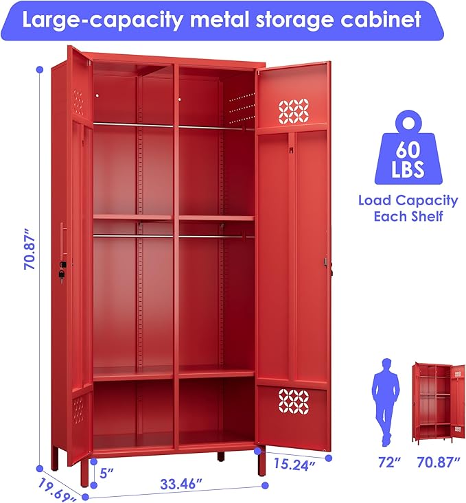 Aobabo Metal Wardrobe Cabinets with Lock, 2 Door Metal Closet with 4 Adjustable Shelves and 2 Hannging Rod, Lockable Locker Cabinet, Storage Locker for Home, Office,Red, Assembly Required