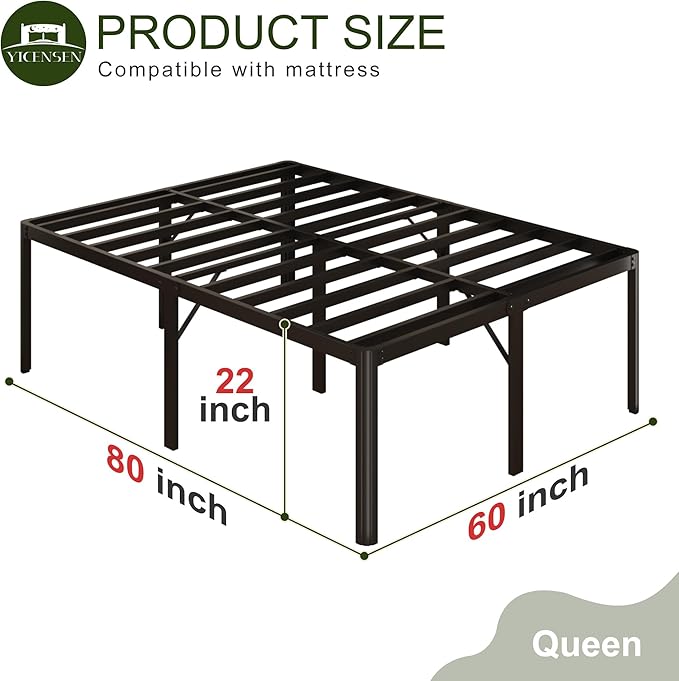 22 Inch High Queen Bed Frame Rounded Corner No Box Spring Needed, Heavy Duty Metal Queen Size Platform Bed Frame, Easy Assembly, Noise Free, Black