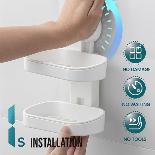 TAILI Double Layer Soap Dish Suction Cup Soap Holder, Strong Sponge Holder for Shower, Bathroom, Tub and Kitchen Sink, Drill-Free, Removable