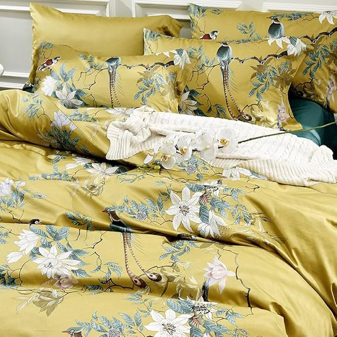 MKXI Vintage Pattern Comforter Set Birds and Flowers Print Cartoon Animal Full Comforter for Kids Cute Jungle Comforters Yellow Quilt Set