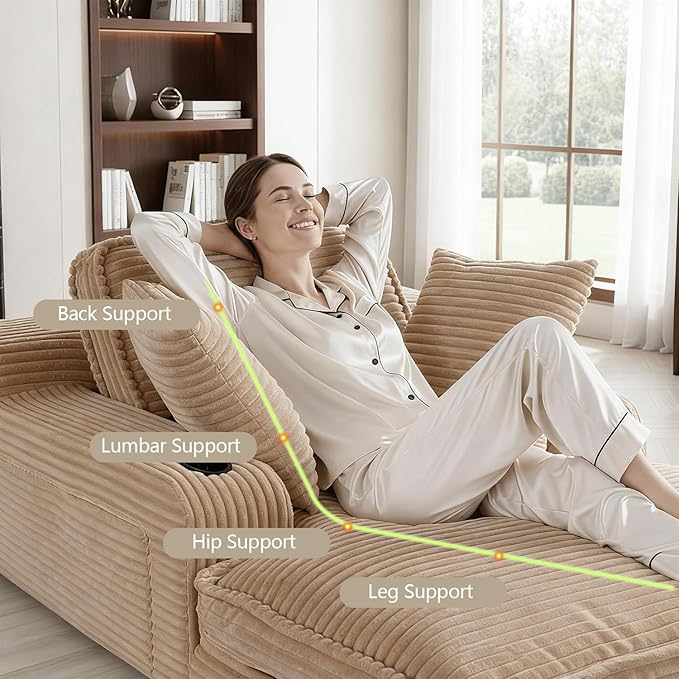 67" Oversized Chaise Lounge Chair Indoor, Soft Boneless Cloud Couch with 3 Pillows, 4 Side Pockets and 2 Cup Holders, Comfy Corduroy Sleeper Couch for Living Room Bedroom, Camel