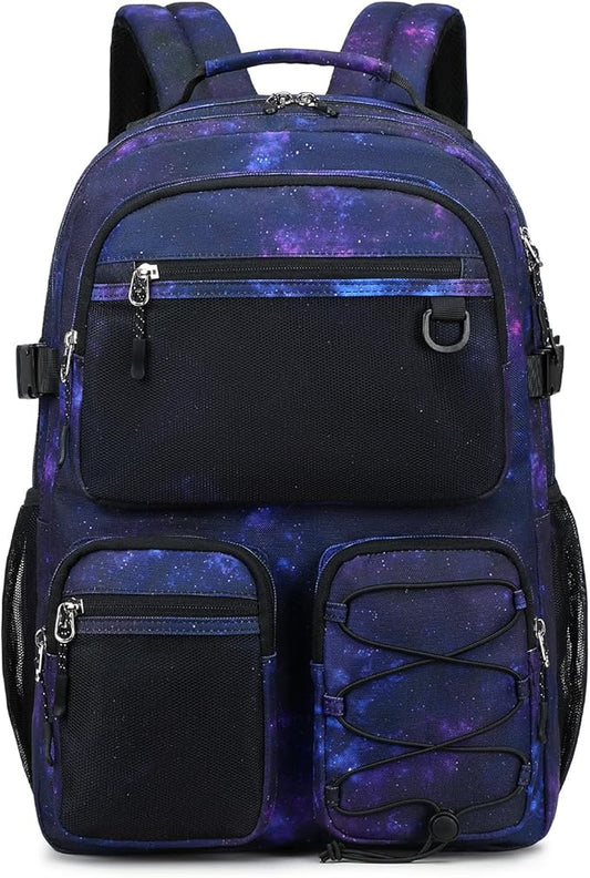 Lohol Multi-Pocket Backpack for Travel College, Heavy Duty Big Bookbag with 15.6 inch Laptop Compartment (Black Purple Galaxy