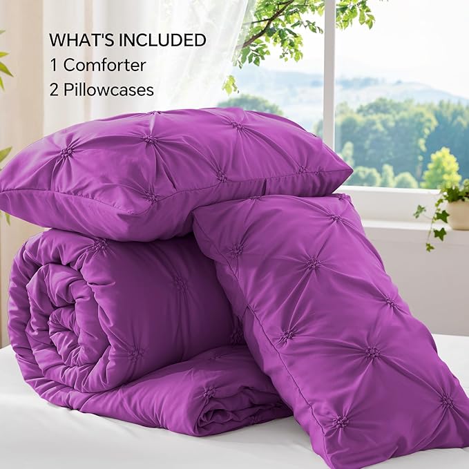 BEDELITE Purple Queen Comforter Set - 3 Pieces Boho Pintuck Bedding Comforter Sets, Lightweight Soft & Warm Bed Comforter Queen with 2 Pillowcases for All Season