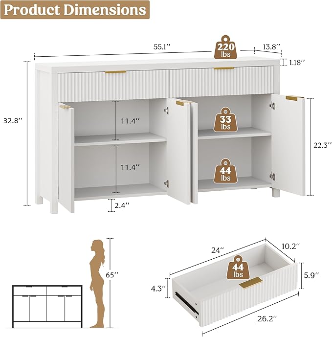 Lulive White Fluted Buffet Cabinet with Storage 55 inch Wood Large Sideboard with Adjustable Shelves for Entryway Kitchen Living Room