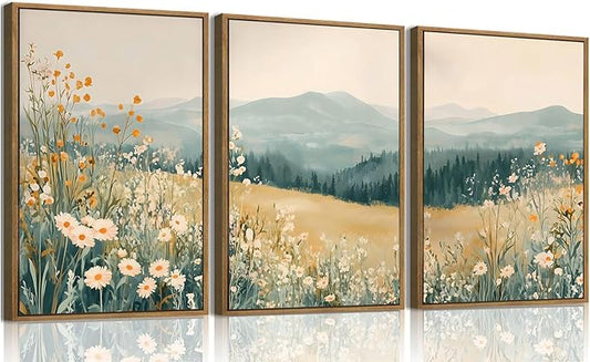 KISSFOX 3 Piece Framed Wall Art Floral Wall Decor Landscape Pictures Mountain Canvas Art Daisy Wildflower Paintings Modern Farmhouse Artwork For Bedroom Bathroom Living Room