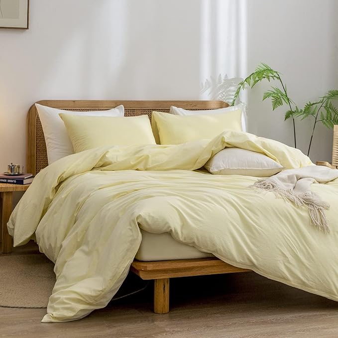 BESTOUCH Duvet Cover Set 100% Washed Cotton Linen Feel Super Soft Comfortable Chic Lightweight 3 PCs Home Bedding Set Solid Light Yellow Alaska King