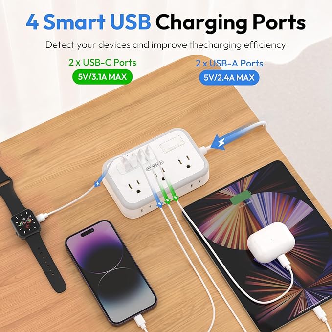 Power Strip 10 ft, Flat Plug Extension Cord with 6 Outlets 4 USB Ports, Outlet Extender Long Cord, Overload Protection, Extension Cord with Multiple Outlets for Indoor, Home, Office