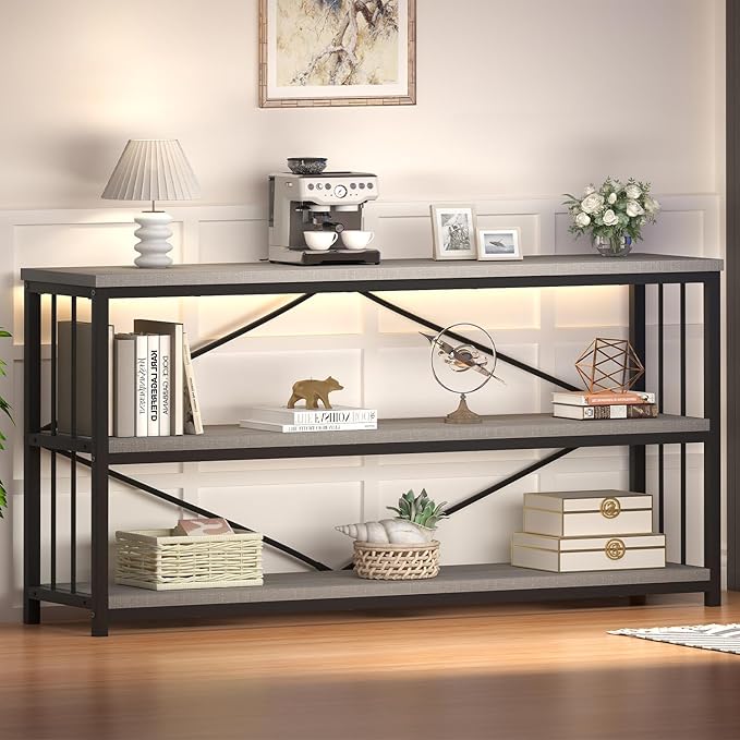 HSH Low Bookshelf, Wood Metal 3 Tier Long Horizontal Bookcase, Large Open Etagere Bookshelves with Storage for Bedroom, Farmhouse Wide Book Shelf for Home Office Living Room, Light Grey Oak, 70 Inch