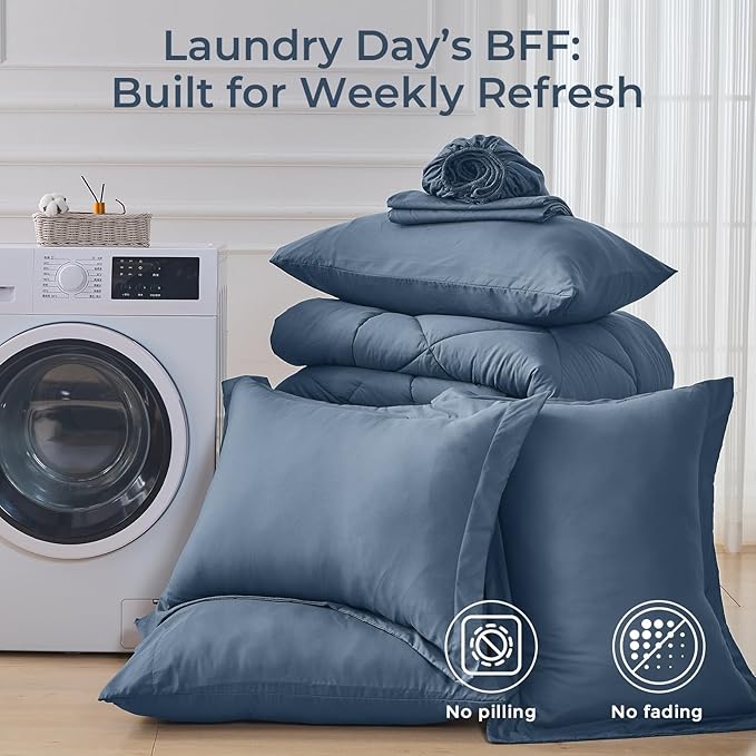 HEVUMYI Dusty Blue King Comforter Set - 7-Piece All Season Bed in a Bag King, Ultra Soft Bedding Set with Comforter, Flat Sheet, Fitted Sheet, Pillowcases, Pillow Shams
