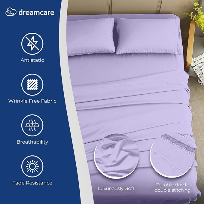 DREAMCARE Full Size Sheets Set - 4 Pcs Cooling Bed Sheets with Up to 15" Deep Pockets - Soft, Long-Lasting 100% Brushed Polyester with Side Pocket (Lavender) DREAMCARE