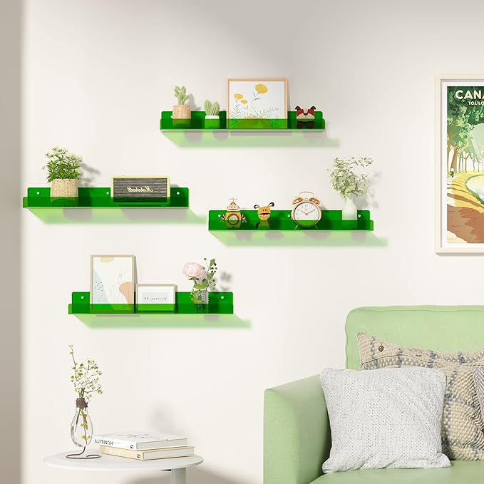 upsimples Acrylic Shelves for Wall Decor, 15" Display Shelf Perfume Organizer for Bathroom, Bedroom, Living Room, Floating Bookshelves for Kids, Clear Green, 4 Pack