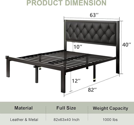 Feonase Queen Size Metal Bed Frame with Faux Leather Button Tufted Headboard, Heavy-Duty Platform Bed Frame with 12" Storage, Steel Slats Support, No Box Spring Needed, Noise Free, Matte Black