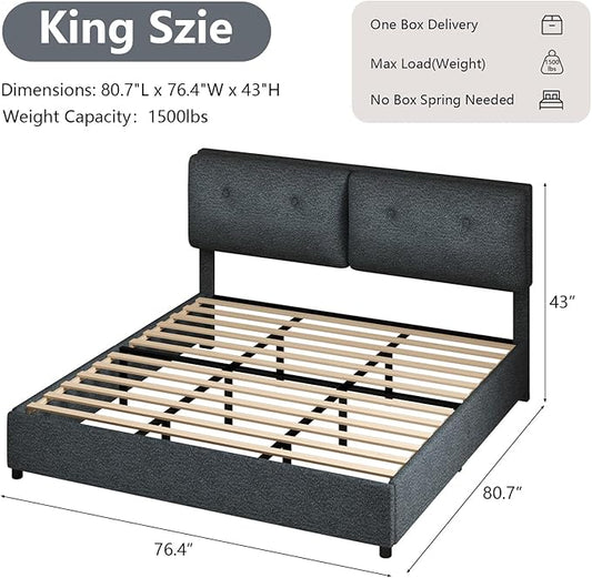 King Bed Frames,Breathable Boucle Fabric Upholstered Bed Frame with Headboard,Removable and Washable,Wood Slat Support,No Box Spring Needed,Easy Assembly, Dark Grey