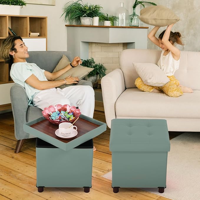Storage Ottoman, Ottoman with Storage for Living Room Square Ottoman with Tray Lid Bedroom Storage Footstool Cube Small Ottomans Foot Rest Stool with Legs Foldable Faxu Leather 15" Inches