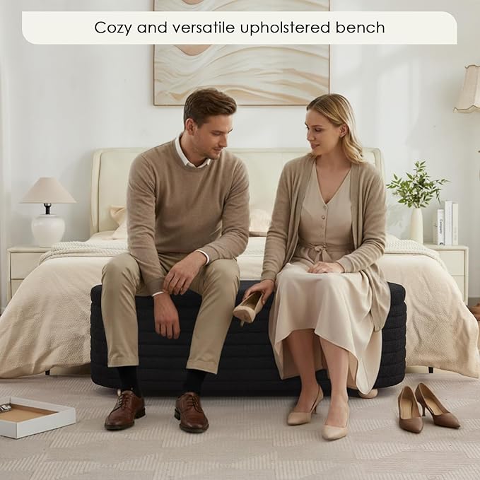 53" Storage Bench Teddy Ottoman Bench Upholstered Fabric Bench End of Bed Stool with Safety Hinge for Bedroom, Living Room, Entryway, Black