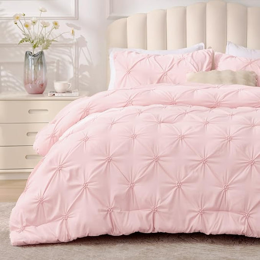 BEDELITE Baby Pink Twin Comforter Set - 2 Peices Boho Pintuck Bedding Comforter Sets, Lightweight Soft & Warm Twin Bedding Sets with 1 Pillowcase for All Season