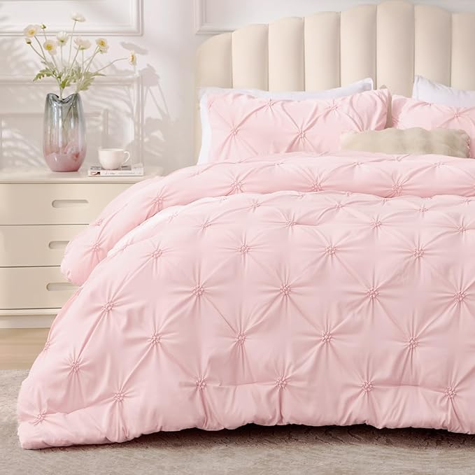 BEDELITE Baby Pink King Size Comforter Set - 3 Pieces Boho Pintuck Bedding Comforter Sets, Lightweight Soft & Warm King Bedding Set with 2 Pillowcases for All Season