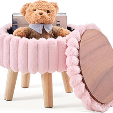 Wimarsbon Storage Ottoman,Soft Faux Fur Footstool with Padded Seat, Small Reading Vanity Chair, Footrest with Wood Tray for Couch, Mini Coffee Table or Display Stand (Pink, Round Storage)