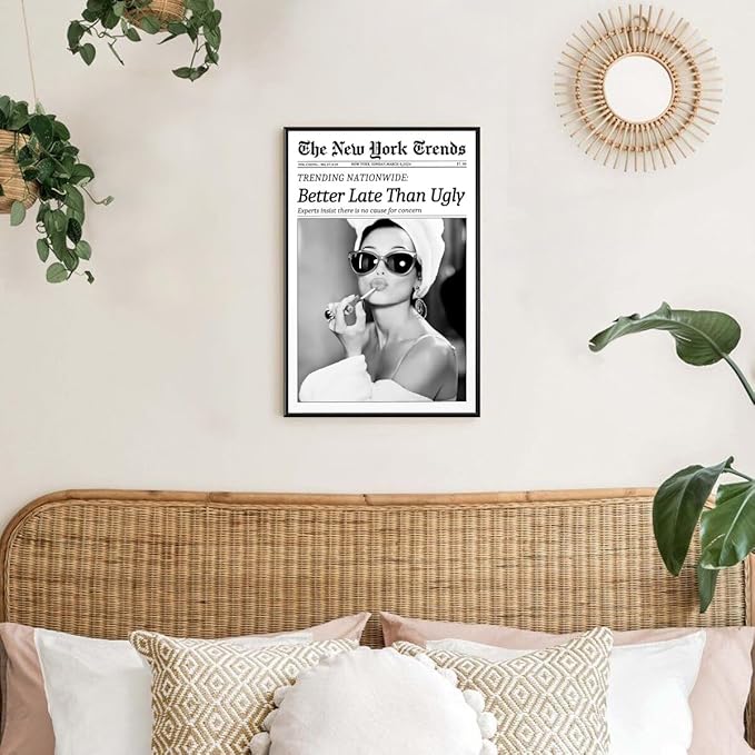 New York Trends Wall Art Black and White Newspaper Better Late Than Ugly Poster Canvas Prints Funky Feminist Posters Trendy College Wall Decor for Bar Cart Girl Dorm Room Bathroom Decorative 24x36inch black framed