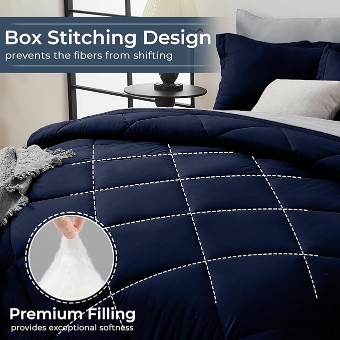 HEVUMYI Twin-XL Comforter Set - 5-Piece All Season Bed in a Bag Twin-XL, Ultra Soft Bedding Set with Comforter, Flat Sheet, Fitted Sheet, Pillowcases, Pillow Shams, Navy Blue & Light Grey