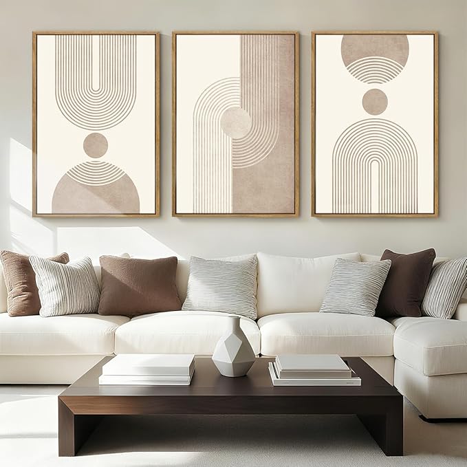 BINCUE Beige Neutral Canvas Wall Art Framed Geometric Abstract Wall Decor Mid Century Modern Artwork Wall Decor for Living Room Bedroom Office 16"x24" Set 3 Gift