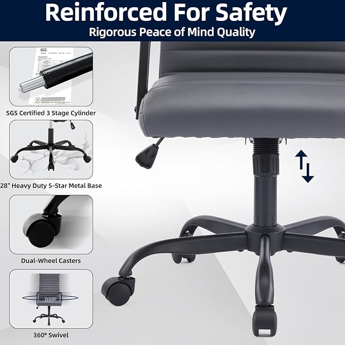 Office Chair, Ergonomic Executive Conference Room Chairs, Ribbed Leather Desk Chair with Lumbar Support, Adjustable Height Mid-Back Swivel Chair with Padded Seat and Square Tube Armrests