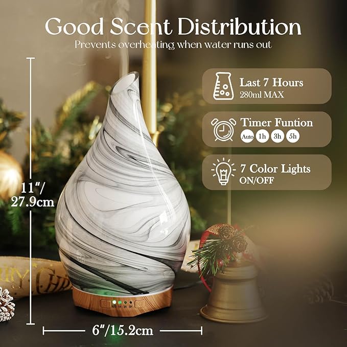 Porseme 280ml Essential Oil Diffuser Glass Color Changing Aroma Air Diffusers Aromatherapy Ultrasonic Cool Mist Humidifier 7 Running Hours Waterless Auto-Off for Sleeping, Yoga, Office, Spa (Ink)