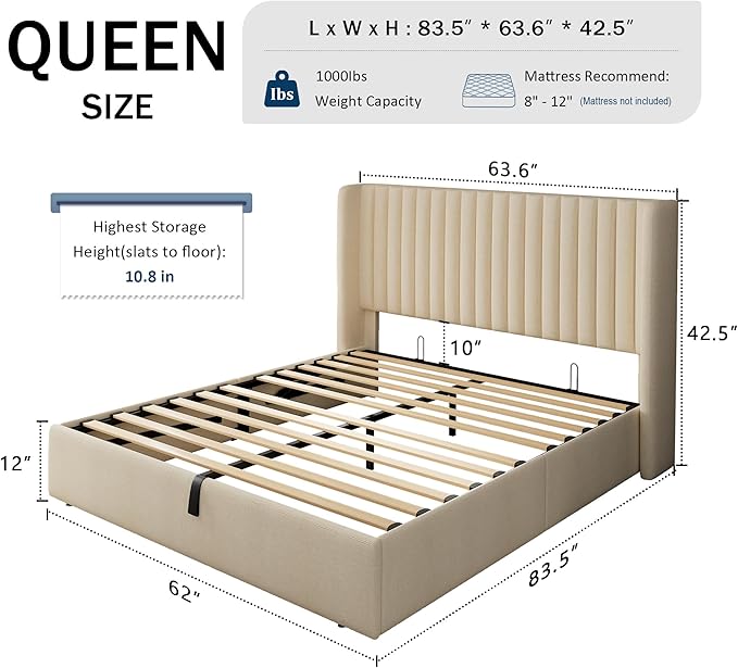 Queen Size Lift Up Storage Bed, Upholstered Platform Bed Frame with Wingback Headboard, Hydraulic System, Solid Wooden Slats Support, Noise-Free, No Box Spring Needed, Easy Assembly, Beige