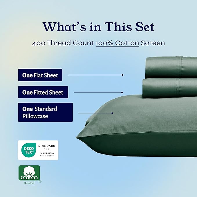 California Design Den Soft Twin Sheets Set - 400 Thread Count Sateen, Natural 100% Cotton Sheets, Deep Pockets, and Durable Bedding Set for Dorm Rooms & Adults - Hunter Green