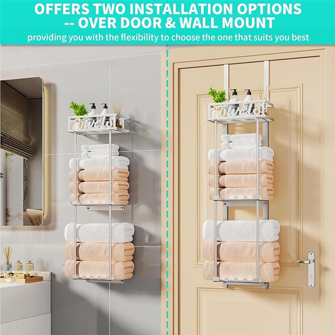 HapiRm Towel Rack Bathroom Storage - 3 Tier Over The Door & Wall Mounted Rolled Towel Racks Holder Organizer with Metal Shelf and 6 Hooks for Small Bathroom, Camper, Rv - Sliver