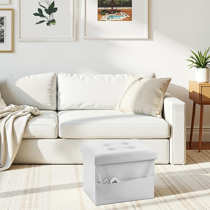 AmasSmile White Storage Ottoman Folding Foot Rest Stool with Side Pocket, 16 inch Leather Footstool Bench, Short Ottoman Bench, Storage Foot Rest Store, Books