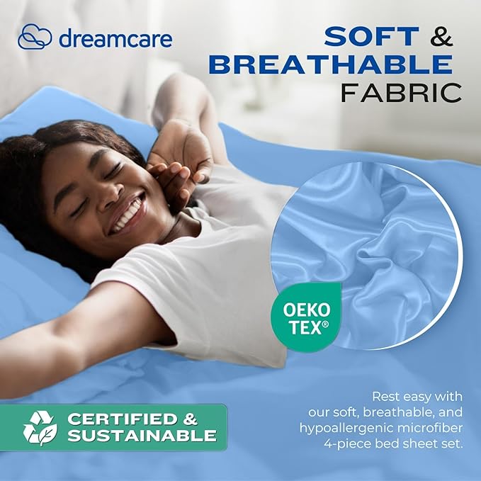 DREAMCARE Queen Sheet Set – 4 pcs Cooling Sheets – up to 21” Extra Deep Pocket Queen Sheets – Hotel Luxury Sheets & Pillowcases – Superior Softness 100% Fine Microfiber with Side Pocket – Light Blue DREAMCARE