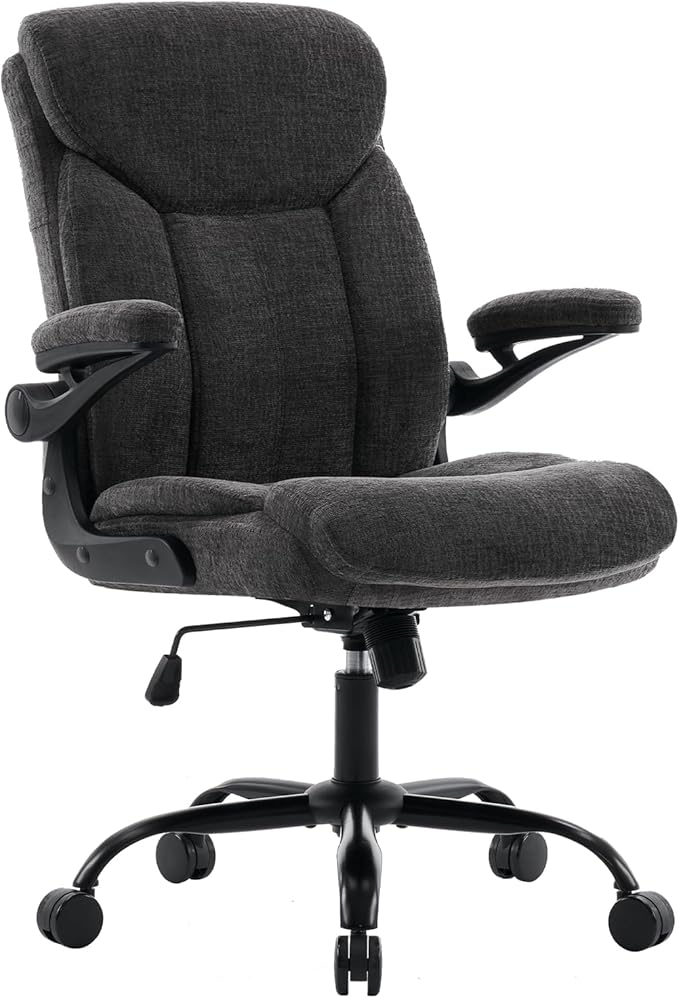 Executive Office Chair, Comfy Fabric Cloth Computer Chair Ergonomic Desk Chairs with Flip-up Armrests, Lumbar Support, 360° Swivel and Rocking Function for Home Office Chairs, Grey
