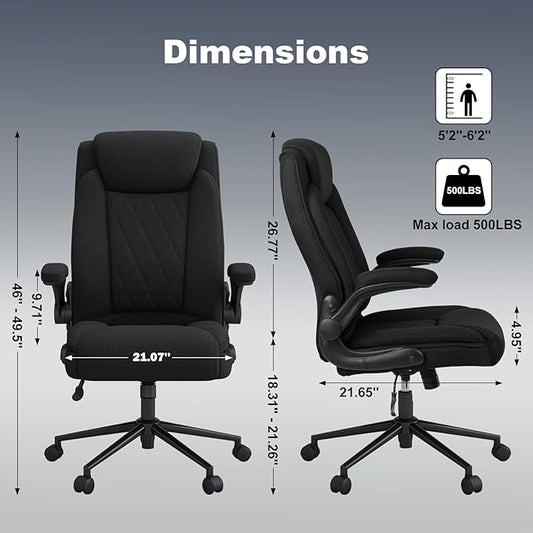 ralex-chair Big and Tall Office Chair -500 lb Heavy Duty Office Chair for Big Man, Fabric High Back Executive Office Desk Chair with 120° Tilt Rock,Computer Desk Chair with flip up arm - Black