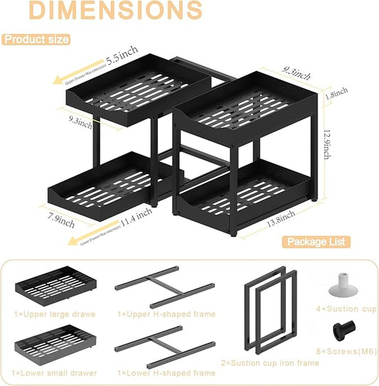 2-Tier Bathroom Organizers and Storage, Metal Under Sink Organizers,Pull Out Cabinet Organizer Shelf, Sliding Drawer for Kitchen Pantry Cabinet Closet Organization Rack (Black, 2 Pack)