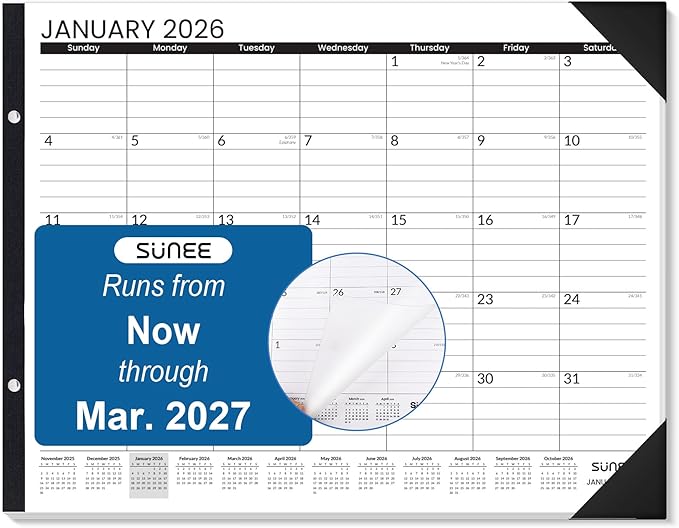 SUNEE Desk Calendar 2026 Large 22x17 from October 2025 to March 2027, Extra Large Desktop Monthly Calendar Pad 18 Months For Teacher or Family, Desk Top, Black