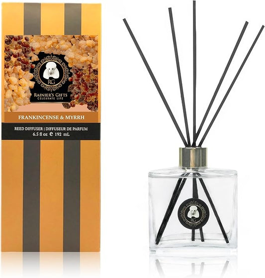 Rainier’s Gifts Reed Diffuser Set (Frankincense & Myrrh) - Scented Oil Diffuser Sticks - Home Fragrance Aromatherapy Air Freshener 6.5 fl oz