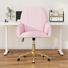 Pink Velvet Desk Chair with Pillow, Upholstered Home Office Desk Chair Makeup Vanity Chair with Swivel Wheels, Ergonomic Office Chair Computer Task Chair for Living Room, Bedroom