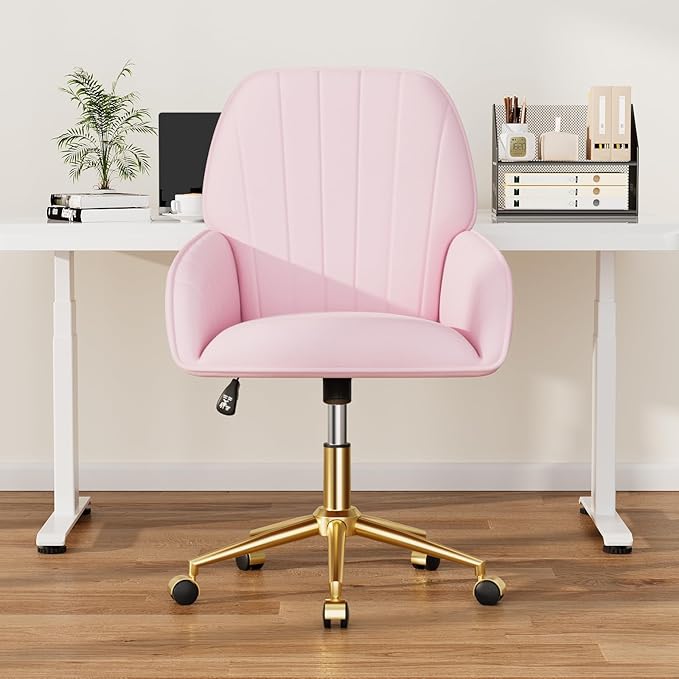 Pink Velvet Desk Chair with Pillow, Upholstered Home Office Desk Chair Makeup Vanity Chair with Swivel Wheels, Ergonomic Office Chair Computer Task Chair for Living Room, Bedroom