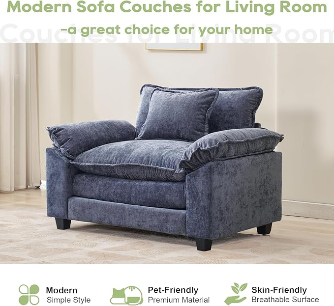 Modular Sectional Sofa, Comfy Cloud Couch Sectional Sofa, Chenille Sofa Sleeper Deep Seat Sofa with Throw Pillows for Living Room (Blue, 53"- Single Seat)