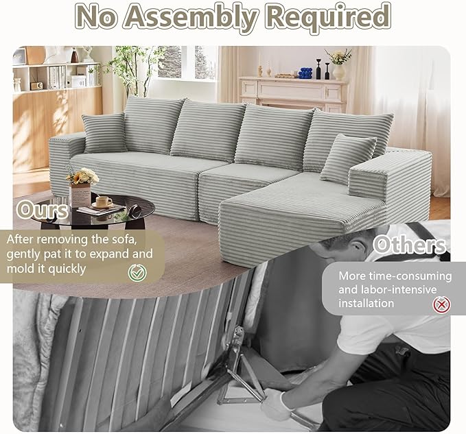 135" Cloud Sectional Couch with L-Shape Chaise, Modern Modular Comfy Sofa Chaise Longue, Upholstered Corduroy Couches Sleeper with Deep Seat for Living Room Bedroom, No Assembly Required, Grey