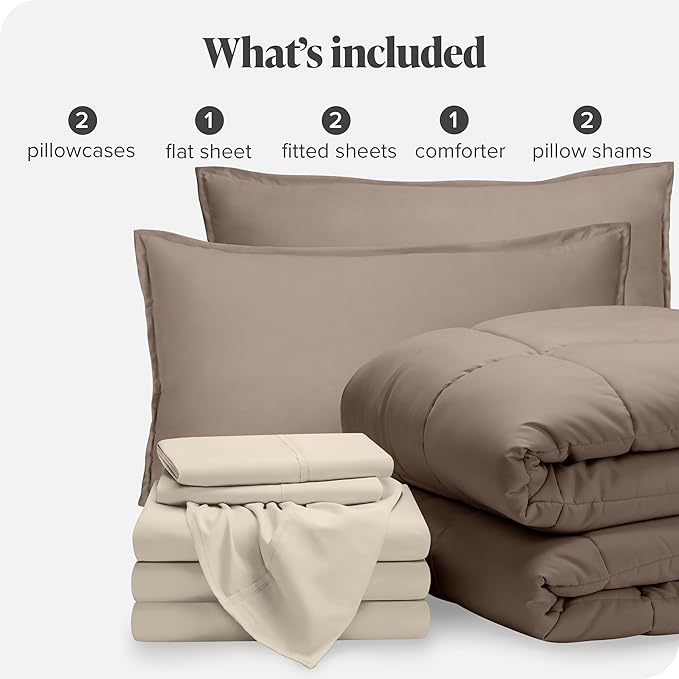 Bare Home Bed-in-A-Bag 8 Piece Comforter & Sheet Set - Split King - Goose Down Alternative - Ultra-Soft 1800 Premium Bed Set (Split King, Taupe/Sand)