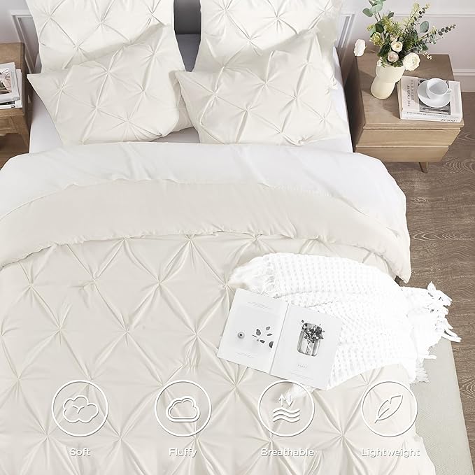 Andency Ivory Pinch Pleat Comforter Full(79x90Inch), 3 Pieces(1 Down Alternative Comforter and 2 Pillowcases) Ivory Bed Set Microfiber Pintuck Bedding Set