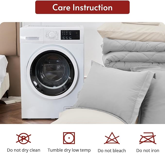 MUXHOMO 5 Pieces Twin Comforter Set, Reversible Bed in a Bag Twin Size, All Season Bedding Set with Comforter, Flat Sheet, Fitted Sheet, Pillowcases & Shams, Light Grey & Beige