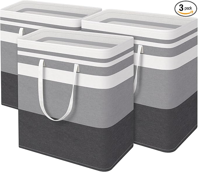 BlissTotes 3-Pack Laundry Basket, Freestanding＆Waterproof Laundry Hamper, Collapsible Tall Clothes Hamper with Easy Carry Handles for Clothes, Towels in the Family and Dorm,Gradient Grey,125L