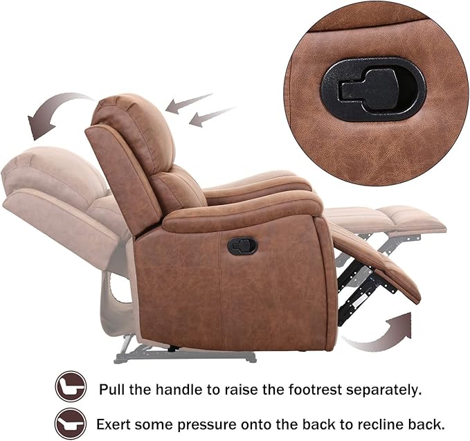 CANMOV Leather Recliner Chair, Classic and Traditional Manual Recliner Chair with Overstuffed Arms and Back, Manual Single Sofa with Concealed Cup Holders, Brown